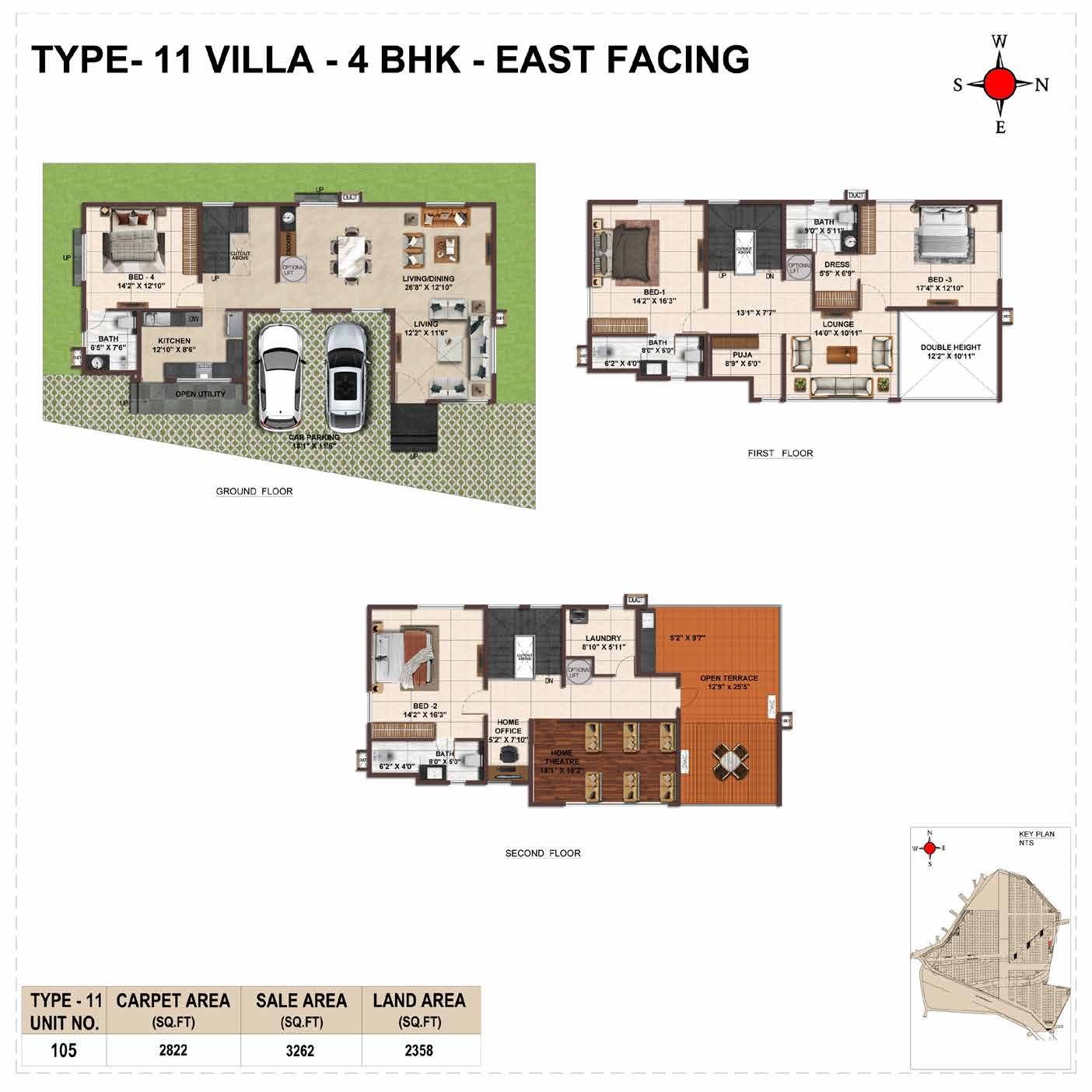 Casagrand Vybe site plan — 55-acre villa layout showing four residential pockets, two clubhouses, courts, tracks and landscape zones