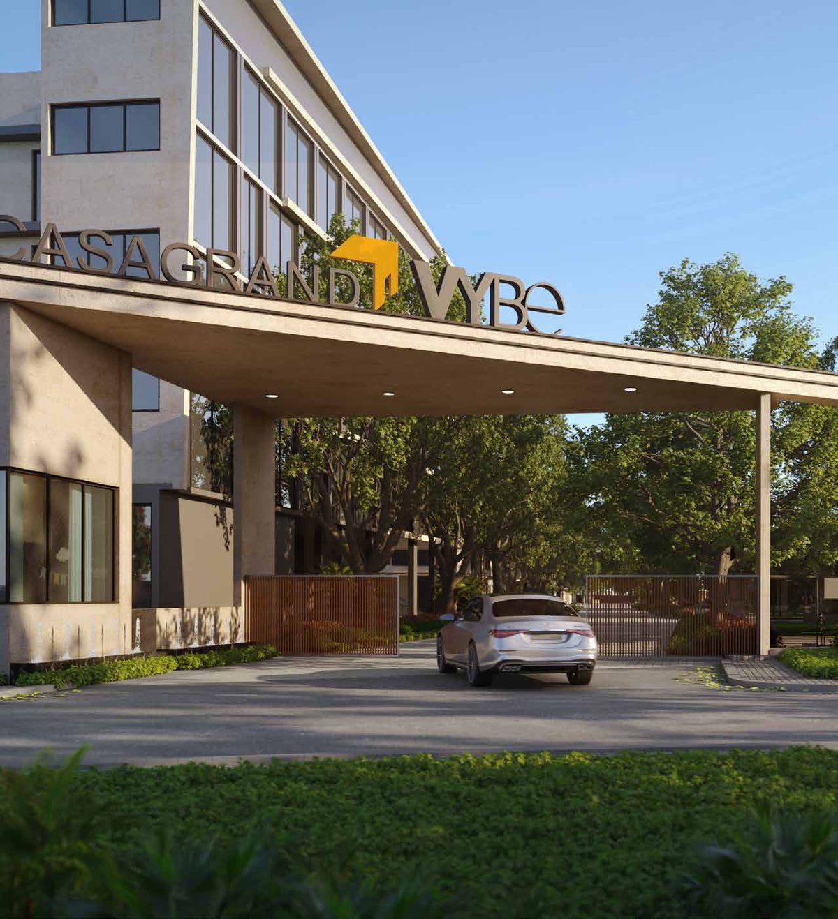 Casagrand Vybe — villa row in the evening with warm interior lighting